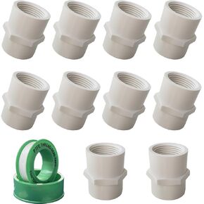3/4 inch White PVC Pipe Fitting, 3/4 inch NPT Female Thread PVC Pipe Fitting Adapter Connector, Sch40 PVC Slip Coupling, PVC Female Threaded Pipe Coupling, Socket x NPT Female, 10 Pack