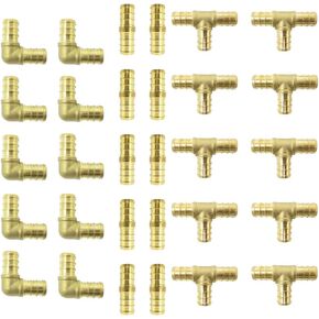 (30 pieces) 1/2" Brass PEX Fittings for 1/2 inch PEX Pipe (10 - Elbow, 10 -TEE, 10 - Coupler/Straights) Kit for Domestic Water and Radiant Heating, DZR and No-Lead Brass Crimp Cinch System PEX GUY