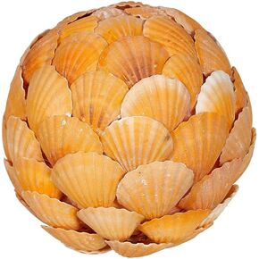 Decorative Orb Ball 6", Orange Scallop Flat Shells Sphere Table Top Centerpiece, Nautical Home Decor Coastal Decorations