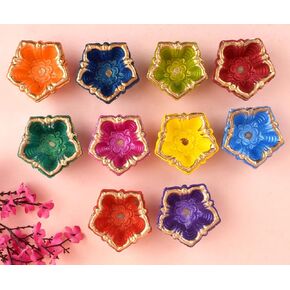 SATVIK 10 Pc Multicolor Clay Diya Terracotta Dia Traditional Puja Vilakku Oil Lamp Natural Mitti Diya Tea Light Welcome Diwali Deepawali Navratri Pooja Décorations Indian (Design 2, 30)