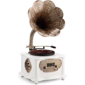 Retro Phonograph Record Player Bluetooth Speaker with with Copper Horn Nostalgic Vintage Vinyl Gramophone Turntable for Home Decoration Aux-in USB (with Record Player White)