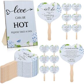 51 PCS Hydrangea Wedding Favors for Guest Love Is Hot Sign Greenery Wooden Wedding Table Sign Wedding Fans Handheld Paper Fans with Wood Handle Heart Shape Fans Bridal Shower Favor