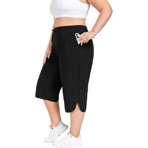 FOREYOND Womens Plus Size Capris Pants Quick Dry Loose Casual Workout Pants with Pockets for Summer Hiking Walking Black 5XL