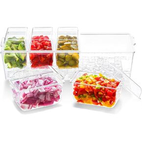 Chilled Condiment Server Tray, Bar Fruit Caddy with Lid and 5 Removable Compartments, Clear Ice Condiment Serving Tray for Party, Toppings Bar Container