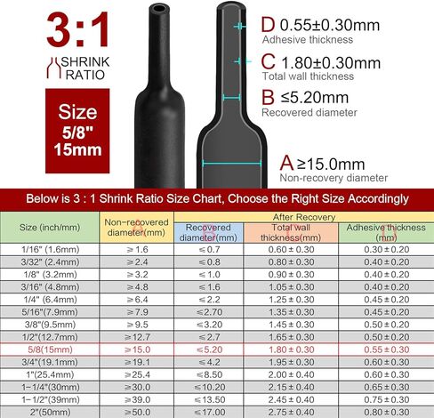 Chanzon 5/8 بوصة (15 مم) نوع G أنابيب مقاومة للماء مقاومة للحرارة بنسبة 3:1 مع إيفترونيك أنابيب لاصقة مزدوجة الجدار غراء داخل 15 جرام أسود 80 قدم/25 متر قطعة واحدة in Kuwait