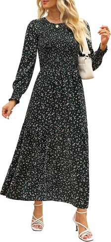 Annebouti Women's 2026 Spring Casual Long Sleeve Maxi Dress Boho Floral Smocked A-Line Modest Wedding Guest Long Dresses in Kuwait
