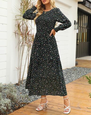 Annebouti Women's 2026 Spring Casual Long Sleeve Maxi Dress Boho Floral Smocked A-Line Modest Wedding Guest Long Dresses in Kuwait