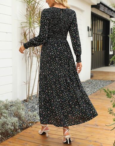 Annebouti Women's 2026 Spring Casual Long Sleeve Maxi Dress Boho Floral Smocked A-Line Modest Wedding Guest Long Dresses in Kuwait
