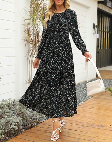 Annebouti Women's 2026 Spring Casual Long Sleeve Maxi Dress Boho Floral Smocked A-Line Modest Wedding Guest Long Dresses in Kuwait