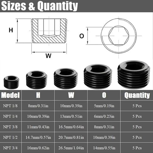 20 Pcs Stainless Steel Pipe Plug Fitting Assortment Kit, 5 Sizes 1/8" 1/4" 3/8" 1/2" 3/4" NPT Male Internal Hex Thread Socket Pipe Plug for Sealing Pipe Port in Saudi Arabia