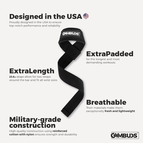 Gymbuds - أحزمة معصم رفع من الدرجة العسكرية لرفع الأثقال - جودة عسكرية مقاس 23.6 بوصة - قطن مبطن ومقوى بالنايلون، رفع الأثقال، رفع الأثقال، تدريب القوة، وكمال الأجسام in Saudi Arabia