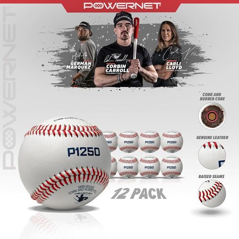 PowerNet Corbin Carroll P1250 البيسبول الصف المنافسة 12 حزمة، طبقات مرتفعة، دزينة واحدة، جلد عالي الجودة، فلين جرح الغزل وحبوب مطاطية in Kuwait
