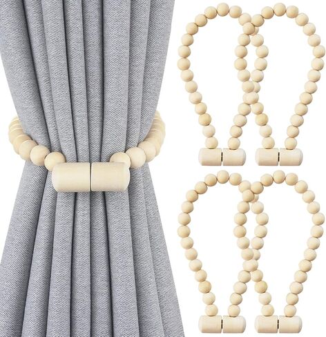 Magnetic Curtain Tiebacks, Wood Curtain Tie Backs for Curtains, Boho Curtain Holders for Drapes, Window Treatment Holdbacks for Bedroom Decor, Natural 4 Pack in Kuwait