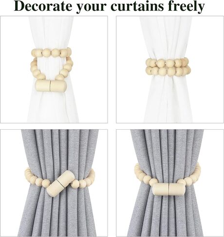 Magnetic Curtain Tiebacks, Wood Curtain Tie Backs for Curtains, Boho Curtain Holders for Drapes, Window Treatment Holdbacks for Bedroom Decor, Natural 4 Pack in Kuwait