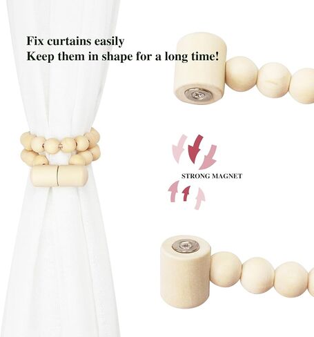 Magnetic Curtain Tiebacks, Wood Curtain Tie Backs for Curtains, Boho Curtain Holders for Drapes, Window Treatment Holdbacks for Bedroom Decor, Natural 4 Pack in Kuwait