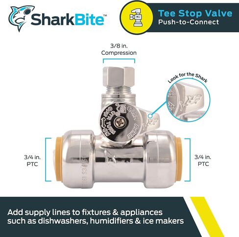 SharkBite Max 1/2 x 1/2 x 1/4 بوصة صمام إيقاف ضغط، ادفع لتوصيل تركيبات السباكة النحاسية، أنابيب PEX، النحاس، CPVC، PE-RT، HDPE، UR24983A in Saudi Arabia