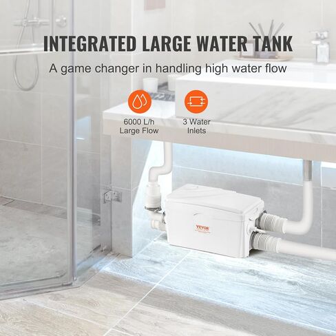 مضخة ماسيراتور VEVOR 350 وات، تدفق 6000 لتر/ساعة، رأس 23 قدم/7 متر، مضخة حوض الصرف الصحي من ماسيراتور مع 3 مداخل مياه للطابق السفلي، المطبخ، المغسلة، الدش، حوض الاستحمام، آلة التخلص من مياه الصرف الصحي في الغسيل in Kuwait