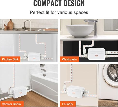 مضخة ماسيراتور VEVOR 350 وات، تدفق 6000 لتر/ساعة، رأس 23 قدم/7 متر، مضخة حوض الصرف الصحي من ماسيراتور مع 3 مداخل مياه للطابق السفلي، المطبخ، المغسلة، الدش، حوض الاستحمام، آلة التخلص من مياه الصرف الصحي في الغسيل in Kuwait