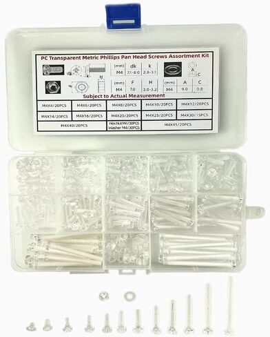 PC (Polycarbonate) Acrylic Plastic Transparent Metric Phillips Pan Head Screws M4 Set Full Length 4-45mm and M4 Nut and M4 Washer Assortment Hardware Kit Pack of 295PCS in Saudi Arabia