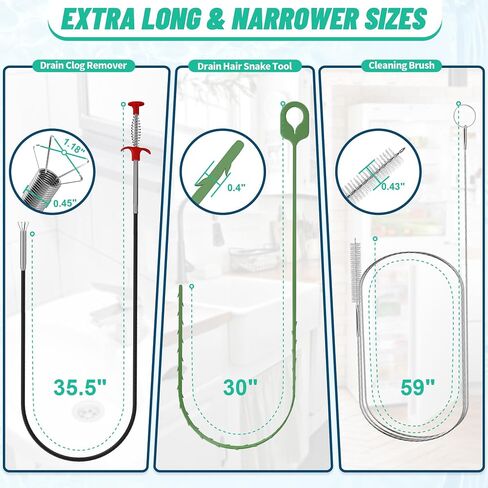 9 Pack Drain Clog Remover Tools, 30" Hair Drain Snake (5 Pcs) & 35.5" Sewer Cleaning Hook (1 Pc) & 59" Drain Brush (3 Pcs), Sink Snake Hair Removal Tool for Shower, Kitchen, Bathtub Drain Cleaning in Saudi Arabia