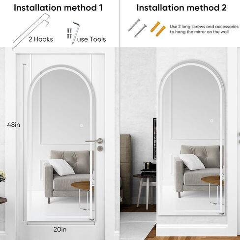 مرآة Antok كاملة الطول مع ضوء LED، مرآة كاملة الطول فوق الباب، مرآة معلقة مقاس 48 بوصة × 20 بوصة، مرآة حائط مستطيلة، مرآة باب مضيئة مع إضاءة 3 ألوان قابلة للتعتيم in Kuwait