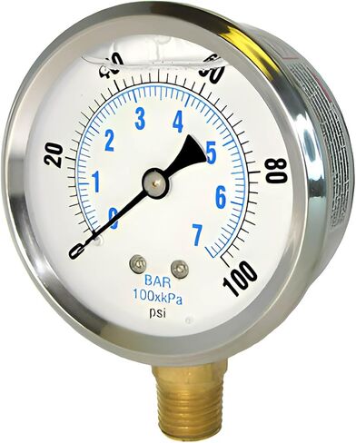 PIC Gauges PRO-201L-254H-GL Bottom Mount Glycerin Filled Industrial Pressure Gauge w/ SS Case, Brass Internals, Glass Lens, 2.5" Dial, 0/300 psi Range, 1/4" Male NPT in Saudi Arabia
