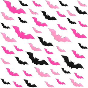 Pink Bats Wall Decor - 96 PCS 4 Sizes Pink, Blush and Black Halloween 3D Bats, Waterproof Spooky Bats Stickers, Pink Halloween Party, Cute Halloween Decorations, Paper Bats Indoor Decor
