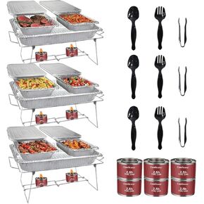 Disposable Chafing Dish Buffet Set, 33 Piece of Chafing Servers with Food Warmers, Covers, Half-Size Food Pans, Water Trays, Serving Utensils, Foil Lids and 2.5H Fuel Cans for Parties, Catering