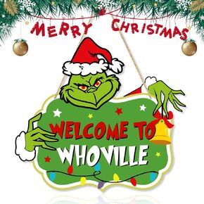LOCOLY Christmas Decorations Hanging Signs, Christmas Door Sign, Merry Grinchmas Welcome to Whoville Sign for Holiday Xmas Door Decor Grinch Signs for Christmas Tree
