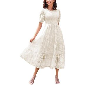 SDEER Women's Smocked Flutter Short Sleeve Midi Dress Summer V Neck Pleated Layered Dress(Blue,L) in Kuwait