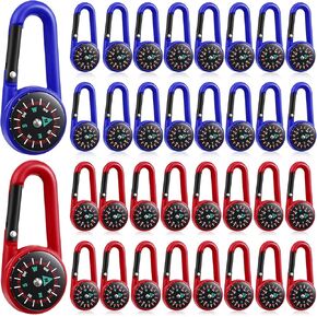 32 Pcs Compass Keychain for Kids Adventure Camping Small Keychain Belt Clips With Holes Compass Metal Buckle Keychain Outdoor Camping Party Favors, 8 Colors