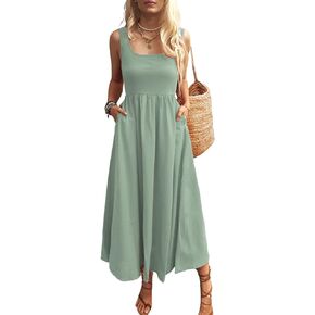 Women's Sleeveless Maxi Dress Spaghetti Strap Summer Casual Loose Tiered Flowy Swing Beach Cami Long Dresses with Pockets Black S