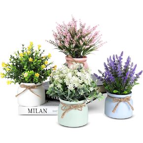 Fake Potted Plants - 4pcs Artificial Plants & Flowers in Macaron Pot Small Faux Plants Indoor Fake Plant Decor, Desk Plant for Home Bathroom Kitchen Shelf Office Decor