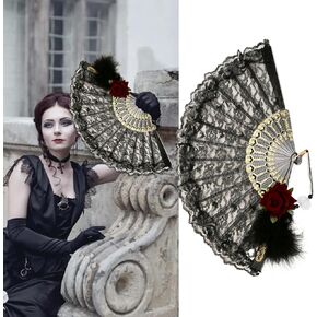 Halloween Black Hand Fan Lace Rose Handheld Gothic Retro Flower Large Folding Fan for Halloween Party Cosplay Costume Photo Props, Halloween Gothic Fan Cosplay Decoration Supplies
