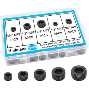 26PCS Black Pipe Plug Fitting Assortment Kit, Carbon Steel 5 Sizes 1/8" 1/4" 3/8" 1/2" 3/4" NPT Pipe Plug Internal Hex Thread Socket for Sealing Pipe Port
