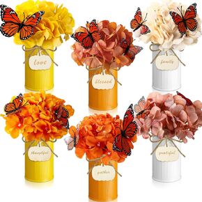 6 Set Vintage Autumn Flowers Table Centerpiece with Metal Pots Faux Fall Table Centerpiece with Pumpkins Slices and 3D Butterfly for Thanksgiving Farmhouse Home Decor (Retro Colors)