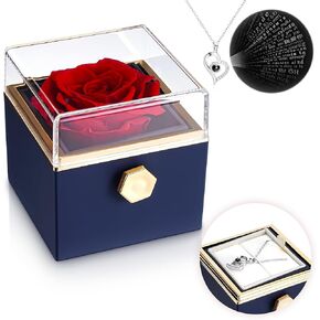 Rotating Preserved Rose Jewelry Box with Hidden Elegant Pendant Necklace | Timeless Love Keepsake | Perfect Romantic Gift