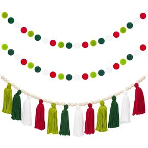 joycraft Tassel Garland Banner with Pom Pom Garlands, 3.6Ft Christmas Home Decor Tassels Garland, Tassel Banner with Wood Beads, Wall Hanging Tassel Garland Decor for Back to School, Home, Christmas