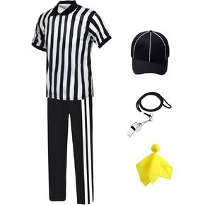 Men's Referee Shirt Black and White Stripes Umpire Jersey Yellow Penalty Flag Whistle Lanyard Hat