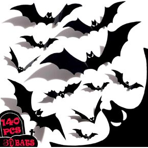140 Pcs Bat Wall Decor, Bats Halloween Decorations Indoor 3D PVC Stickers Bats with Skeleton Eyes for Home Decor Party Decorations Double Sided Realistic Black Scary Bats