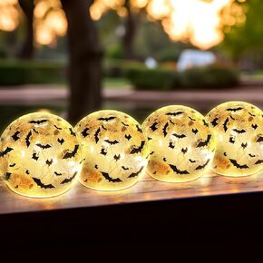 Halloween Lighted Decorative Glass Ball 3.9 inch Halloween Crackle LED Lights with Bat Pattern Glass Ball Table Light for Home Party Hallway Centerpiece Patio Halloween Decorations(2 Pcs)