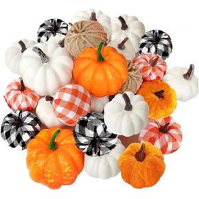 24Pcs Fall Pumpkins Decor,Assorted Sizes Artificial Pumpkin,Fake Plaid Burlap Velvet Foam Decorative Pumpkin,Faux Fabric Autumn Table Decorations for Harvest Farmhouse Thanksgiving Halloween Party