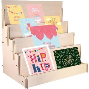 PATIKIL Greeting Card Display Stand, 4 Tiered Sticker Display Holder Portable Postcard Display Stand Wooden Greeting Card Display Rack for Card Photo, 23 x 15 x 22.5, Beige