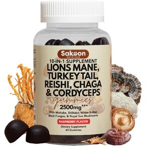 Sakoon nutrition Lions Mane Mushroom Gummies with Turkey Tail, Reishi & More, 2500mg, 60 Count, Raspberry Flavored