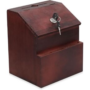 Flexzion Wooden Lockable Suggestion Box with Key Lock Lid, Wall Mounted or Free Standing Locked Ballot Prayer Donation Comment Cash Tip Money Drop Box Includes Hardware, 2 Keys