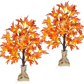 18 Inch Lighted Maple Tree with 36 Lights, 72 Leaves, 6 Acorn, Timer Battery Operated Tabletop Artificial Fall Tree for Thanksgiving Harvest Home Decor, Fall Table Decorations (18 Inch 1 Pack)