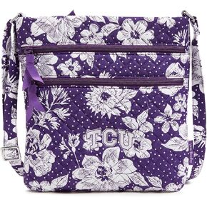 Vera Bradley Cotton Collegiate Triple Zip Hipster Crossbody Purse (Multiple Teams Available), Purple/White Rain Garden with Texas Christian University