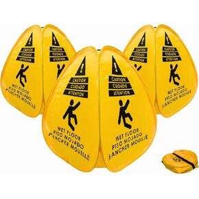 3 Pack Caution Wet Floor Pop-Up Signs - Yellow, Bilingual (English/Spanish/French) - Foldable, Portable, Durable Restaurant Commercial Safety Cones for Spills, 16 inches