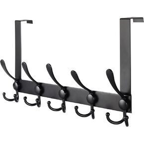 Over The Door Hooks, Door Hanger with 5 Metal Hooks & Long Hanging Hooks, Stainless Steel Door Hooks for Hanging Coat, Towel, Hat (Black)