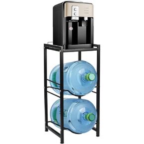 5 Gallon Water Jug Holder for 2 Bottles with Metal Top Storage Shelf, 3 Tier Heavy Duty Water Dispenser Stand, Water Bottle Rack Organizer for Home Kitchen Office Living Room, Black